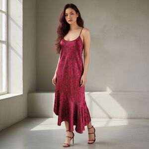 Vintage 80s Red Jacquard Ruffle Slip Dress Size Large Maxi Asymmetric Ruffle